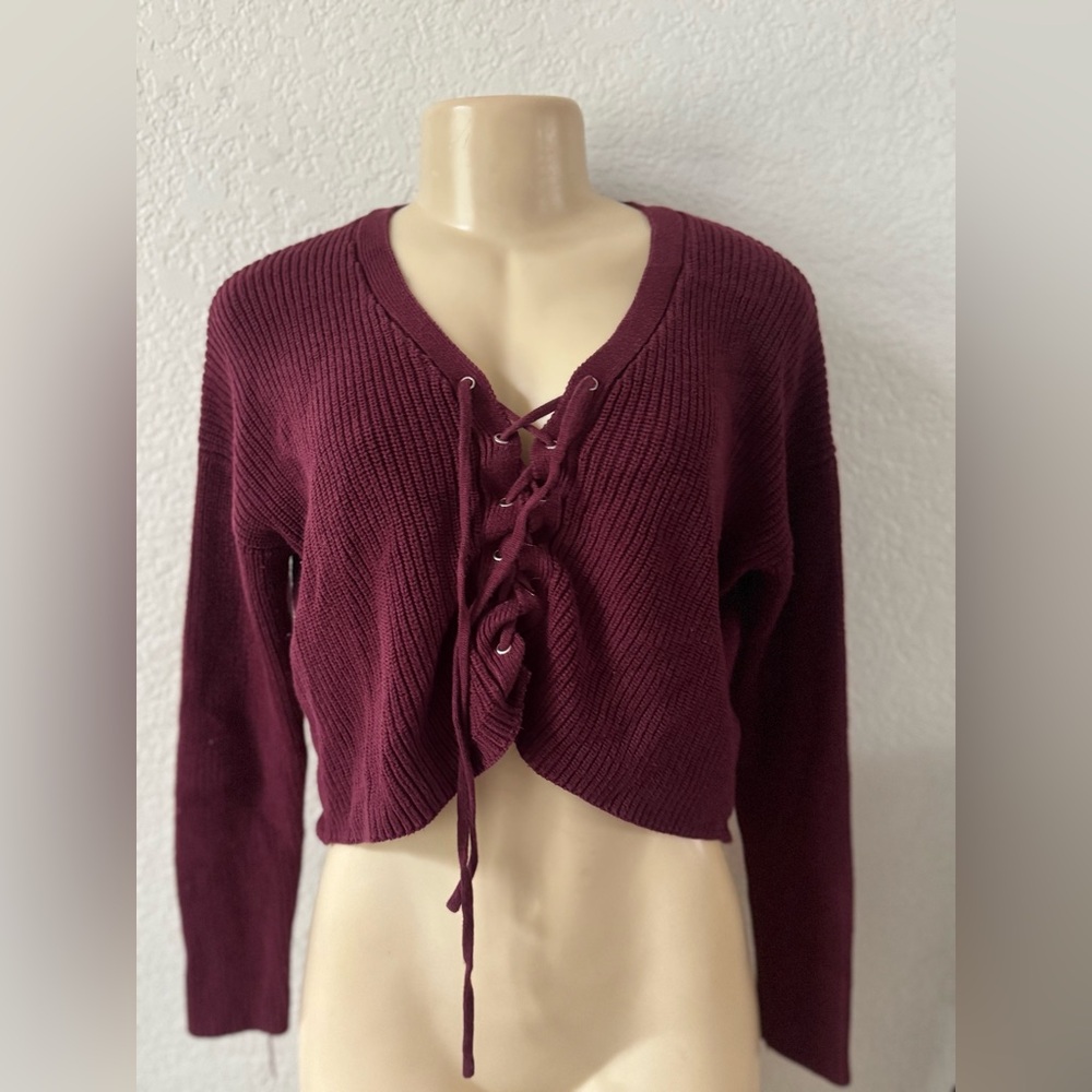 Forever 21 Burgundy Lace-Up V-Neck Sweater lace sexy long sleeve button
